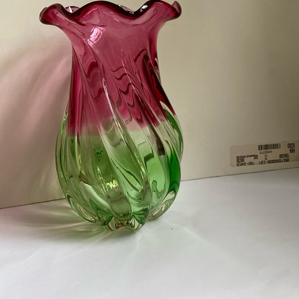 7.5" Mouth Blown Swirled Watermelon  Optic Glass Murano Style Art Glass V…